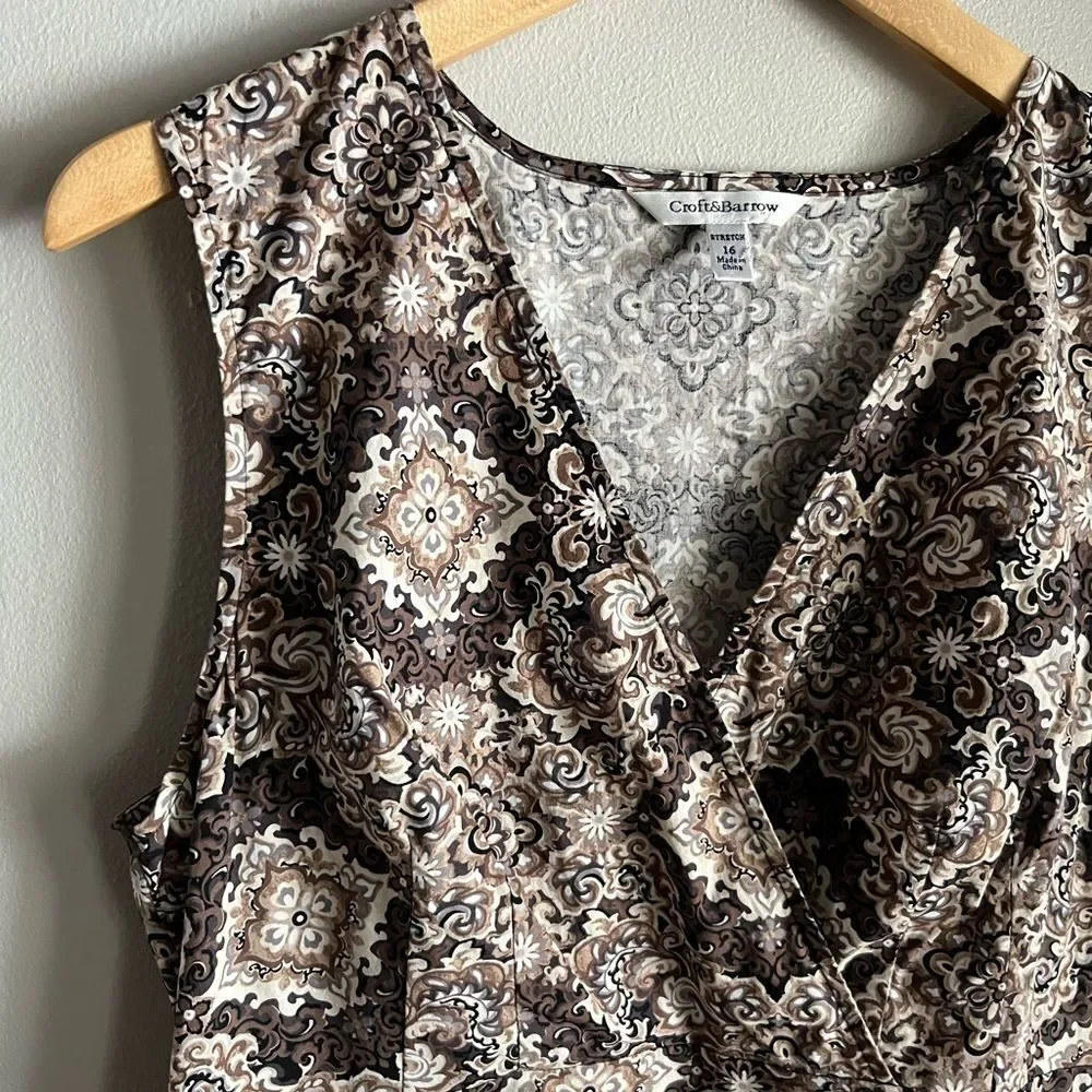 Croft & Barrow Brown Medallion Print Stretch Cotton Sleeveless Dress M-L